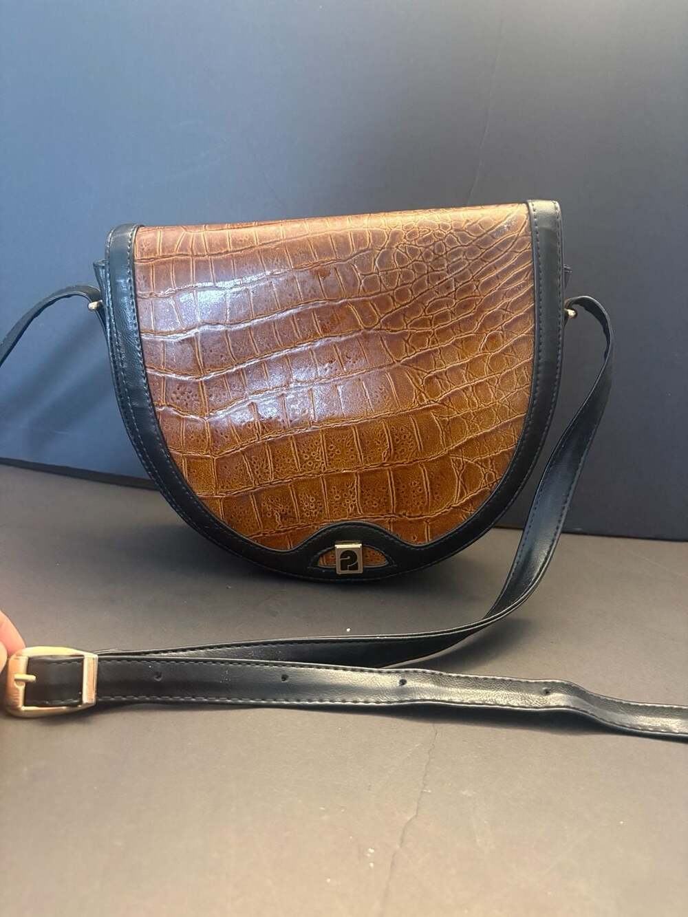 Vintage Two-Tone Brown Crocodile Embossed Leather Half Moon Saddle Bag